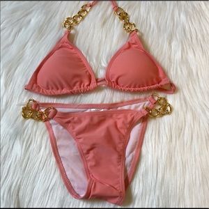 Coral Pink Bikini With Gold Chains